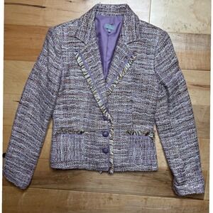 Naf Naf Tweed Blazer Women 38 Purple Multi Fringe Trim Button Front Jacket